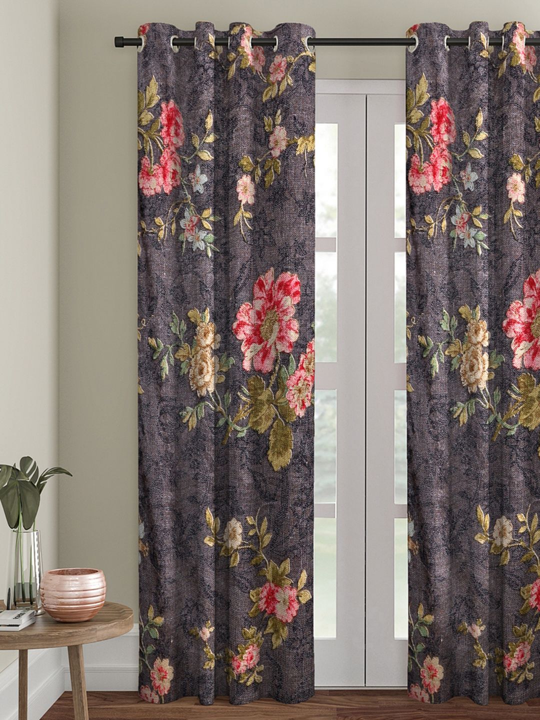 ROMEE Grey & Pink Single Black Out Velvet Door Curtain Price in India