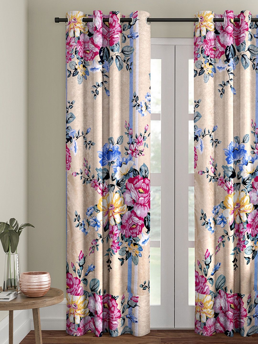 ROMEE Beige & Pink Floral Printed Room Darkening Single Door Curtain Price in India