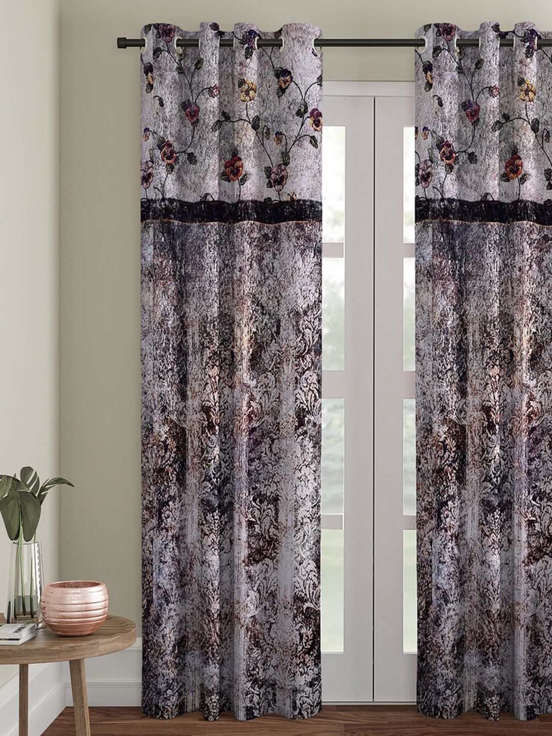 ROMEE Brown & Grey Single Black Out Door Curtain Price in India