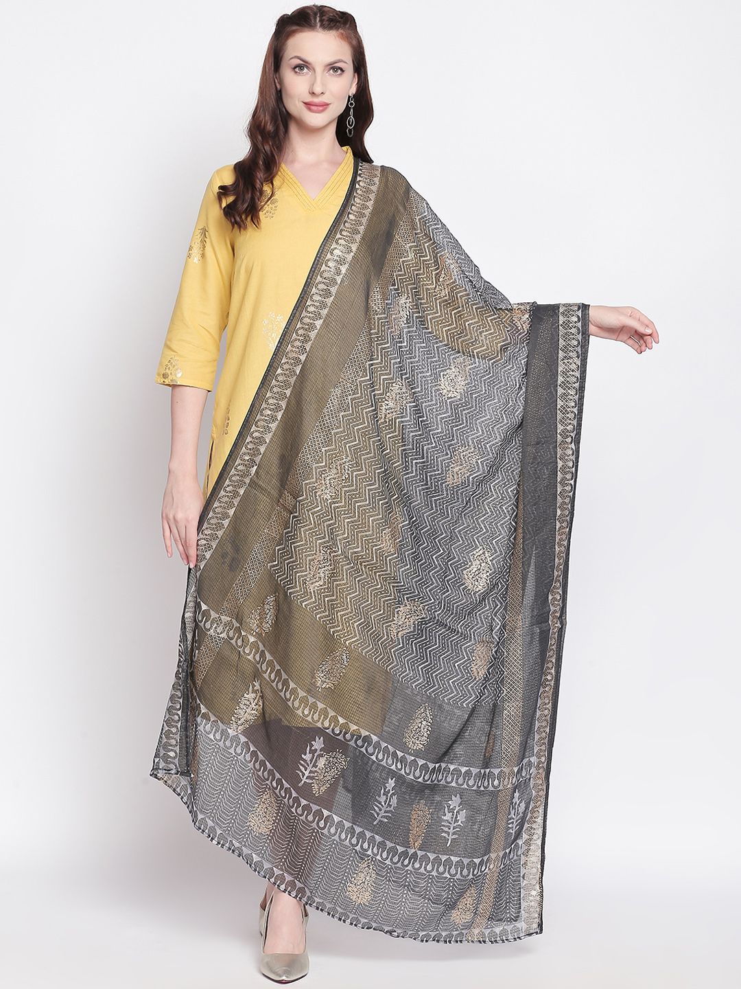 RANGMANCH BY PANTALOONS Grey & Off-White Printed Dupatta