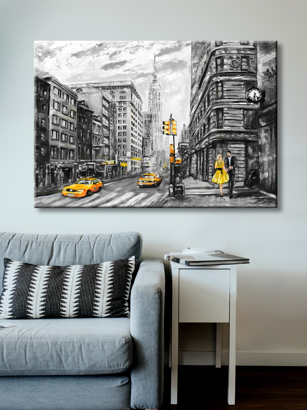 999Store Black & Yellow Hand-Painted City Life Wall Painting Price in India