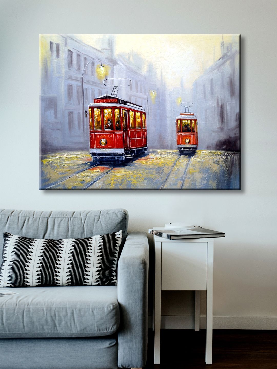 999Store Grey & Red Hand-Painted Old City Tram Wall Painting Price in India