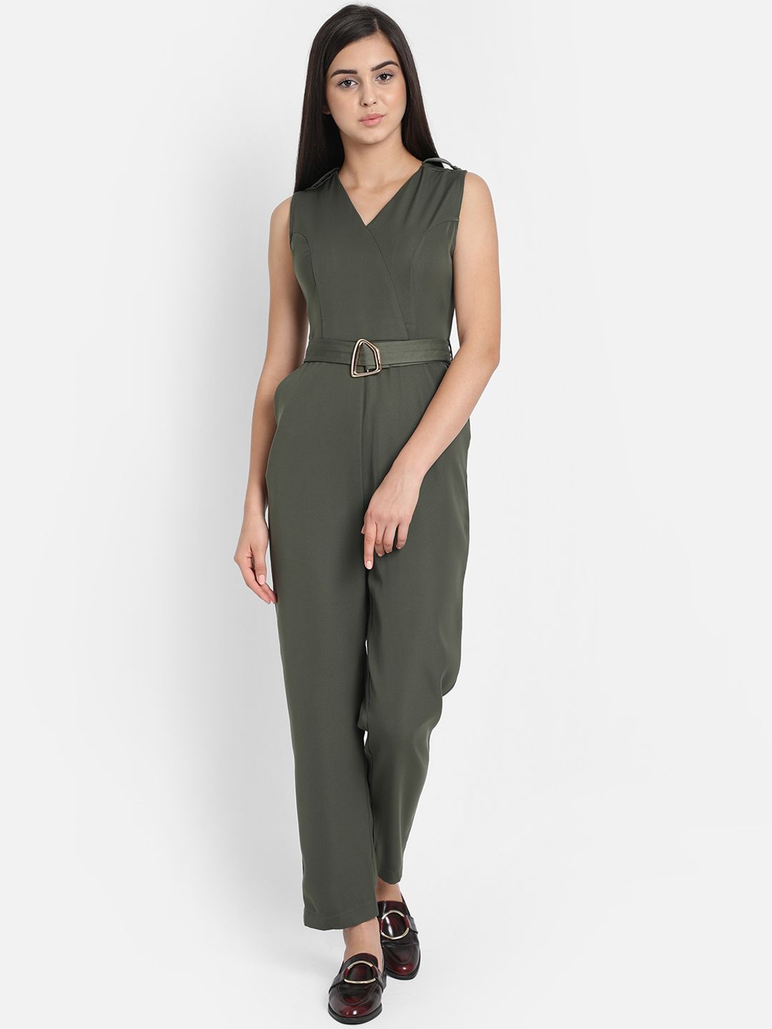 COVER STORY Women Olive Green Solid Basic Jumpsuit Price in India