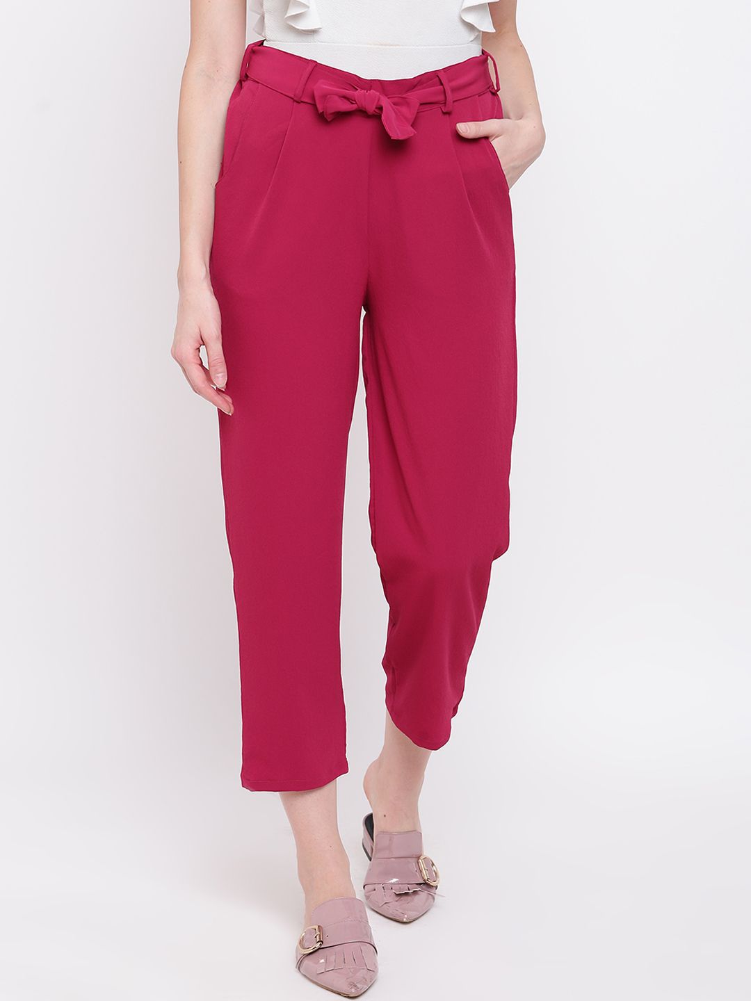 Mayra Women Fuchsia Pink Regular Fit Solid Peg Trousers Price in India