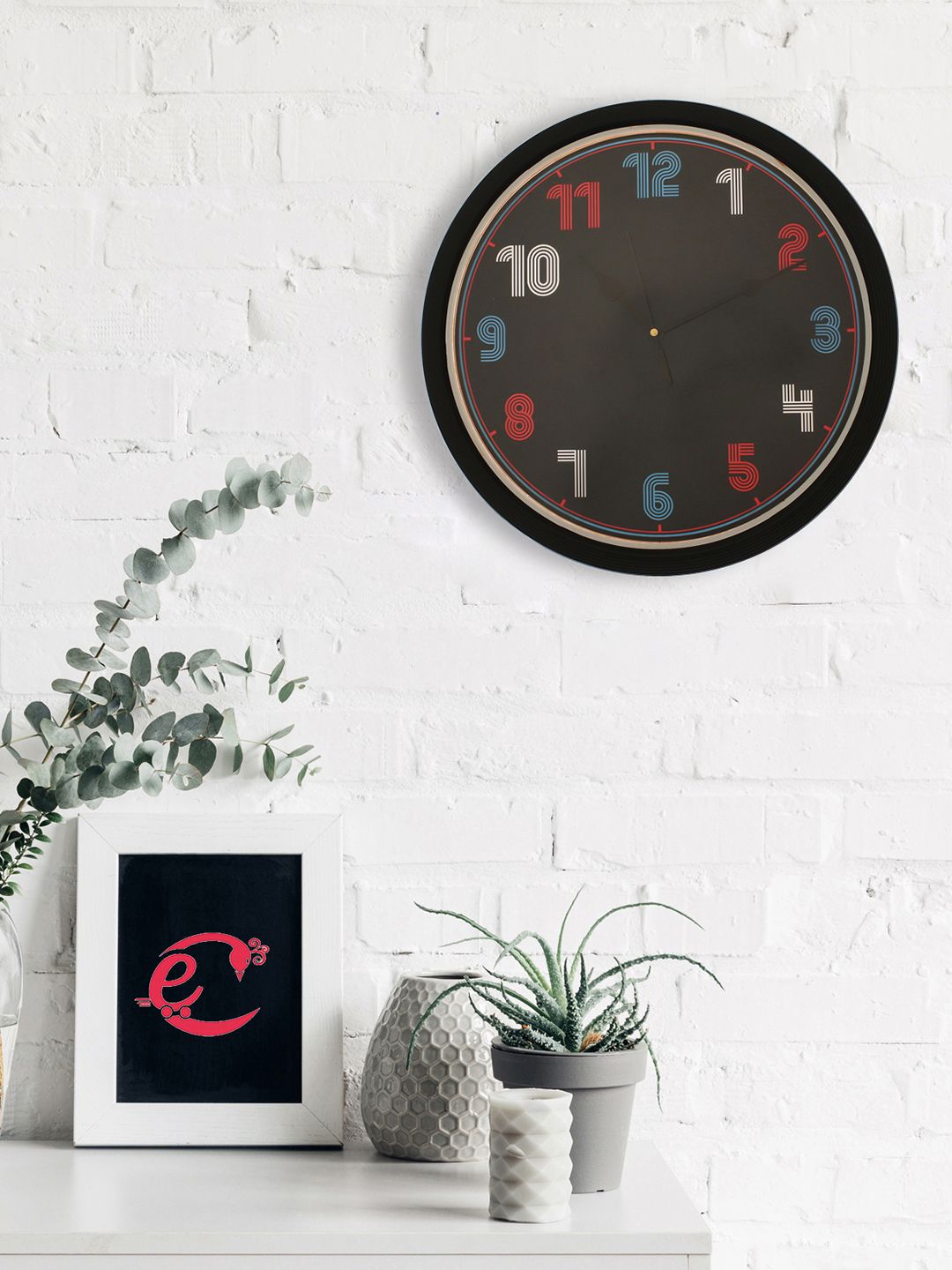 eCraftIndia Black & Red Round Printed 31 cm Analogue Wall Clock Price in India