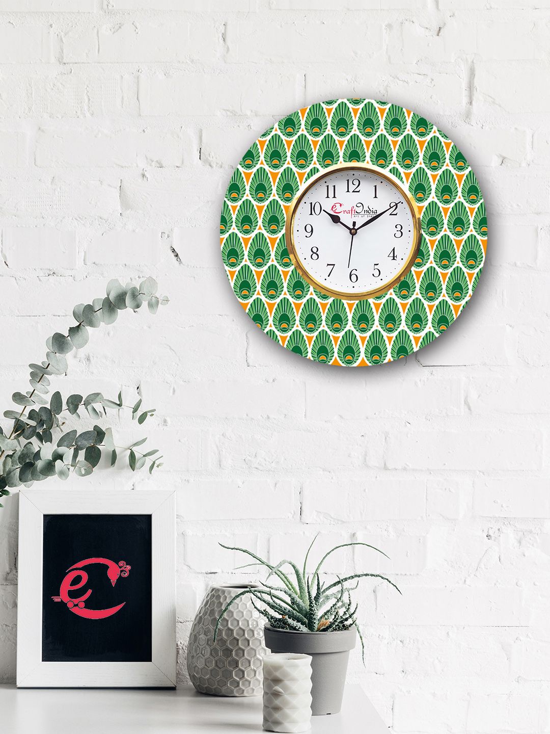 eCraftIndia Green & Orange Handcrafted Round Printed 31 cm Analogue Wall Clock Price in India