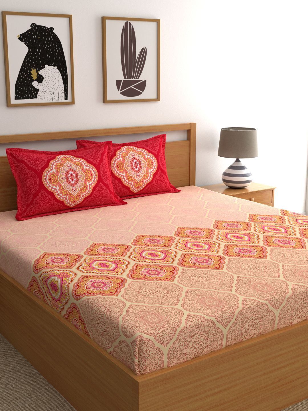 Dreamscape Pink Ethnic Motifs 144 TC Cotton 1 Queen Bedsheet with 2 Pillow Covers Price in India
