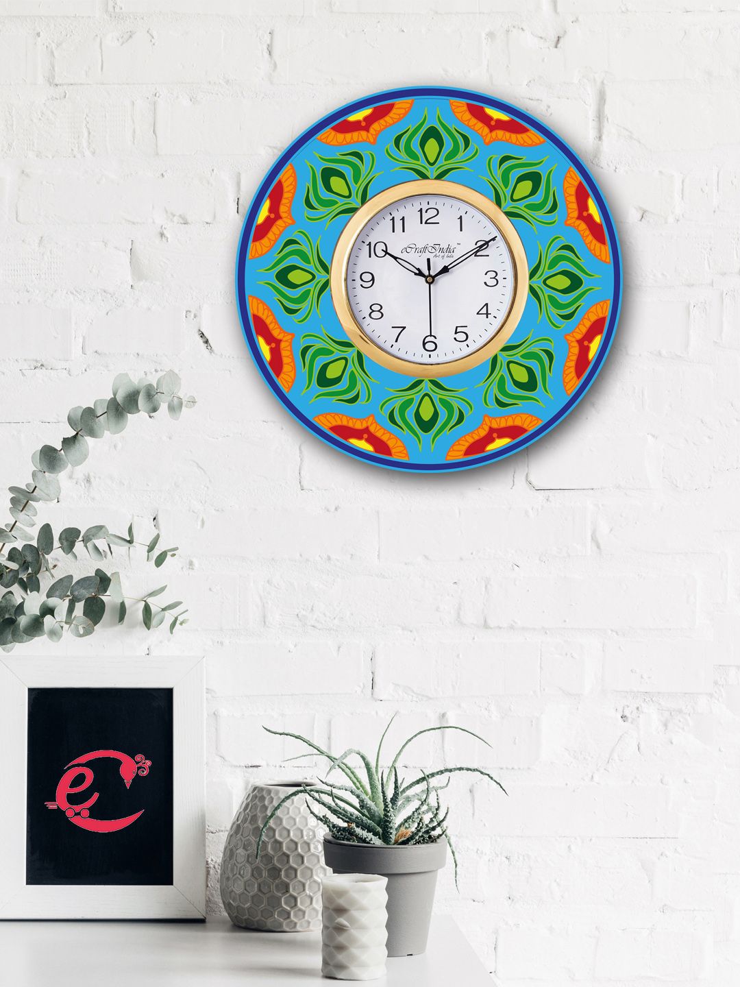 eCraftIndia White & Turquoise Blue Handcrafted Round Printed 30 cm Analogue Wall Clock Price in India