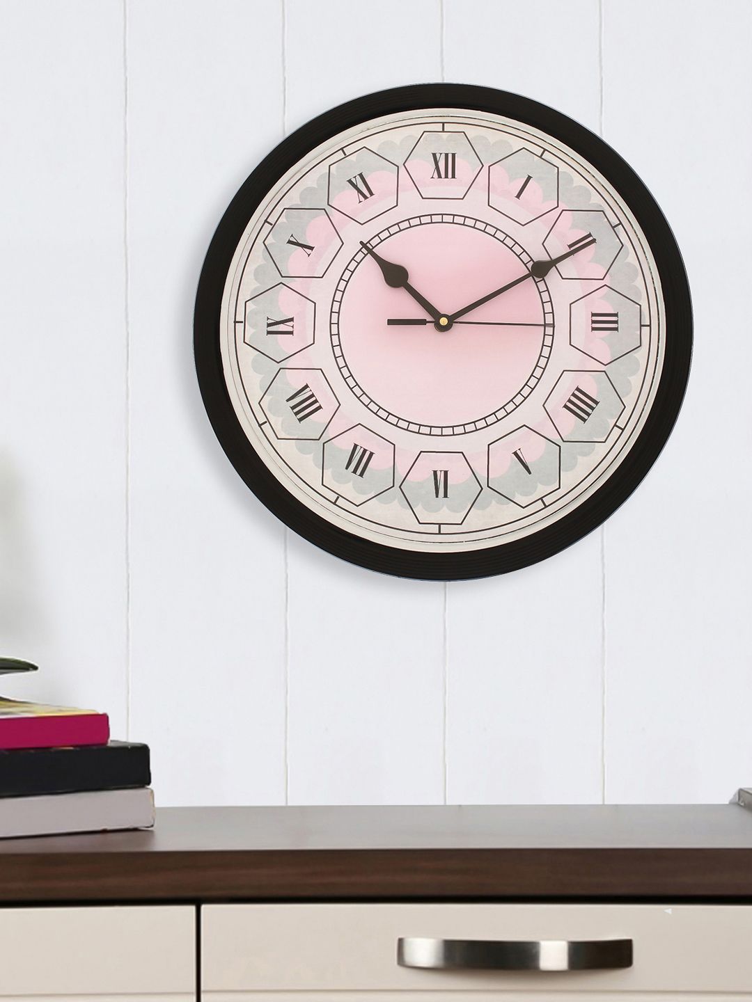 eCraftIndia Black & Pink Round Printed 30 cm Analogue Wall Clock Price in India