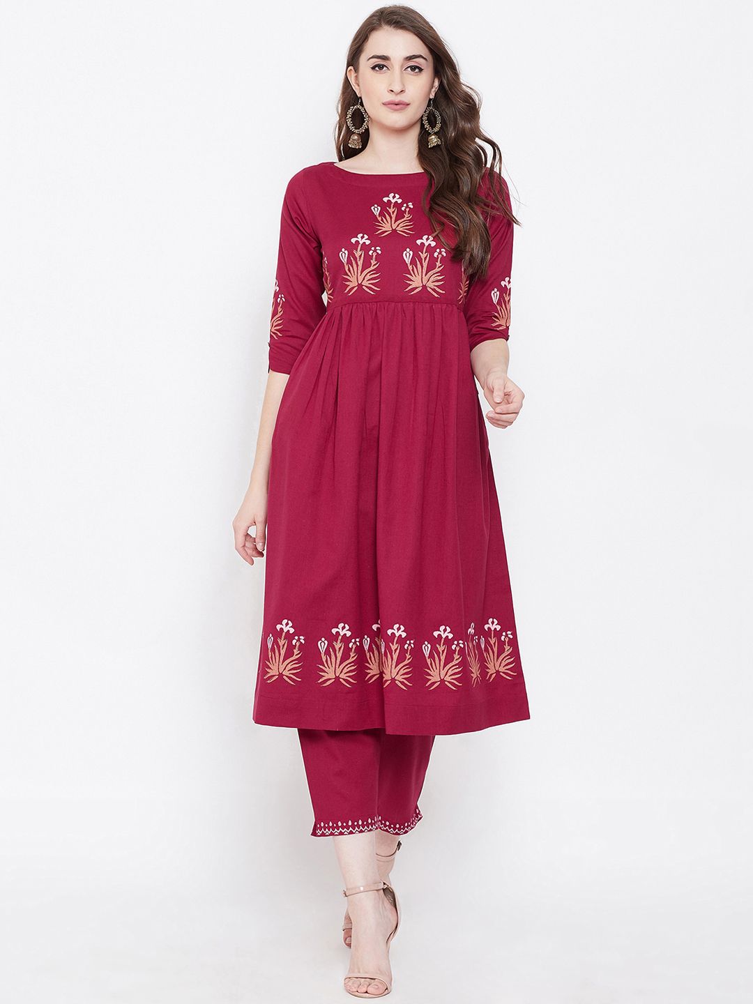 Bitterlime Women Burgundy & Peach-Coloured Block Printed Kurta with Trousers