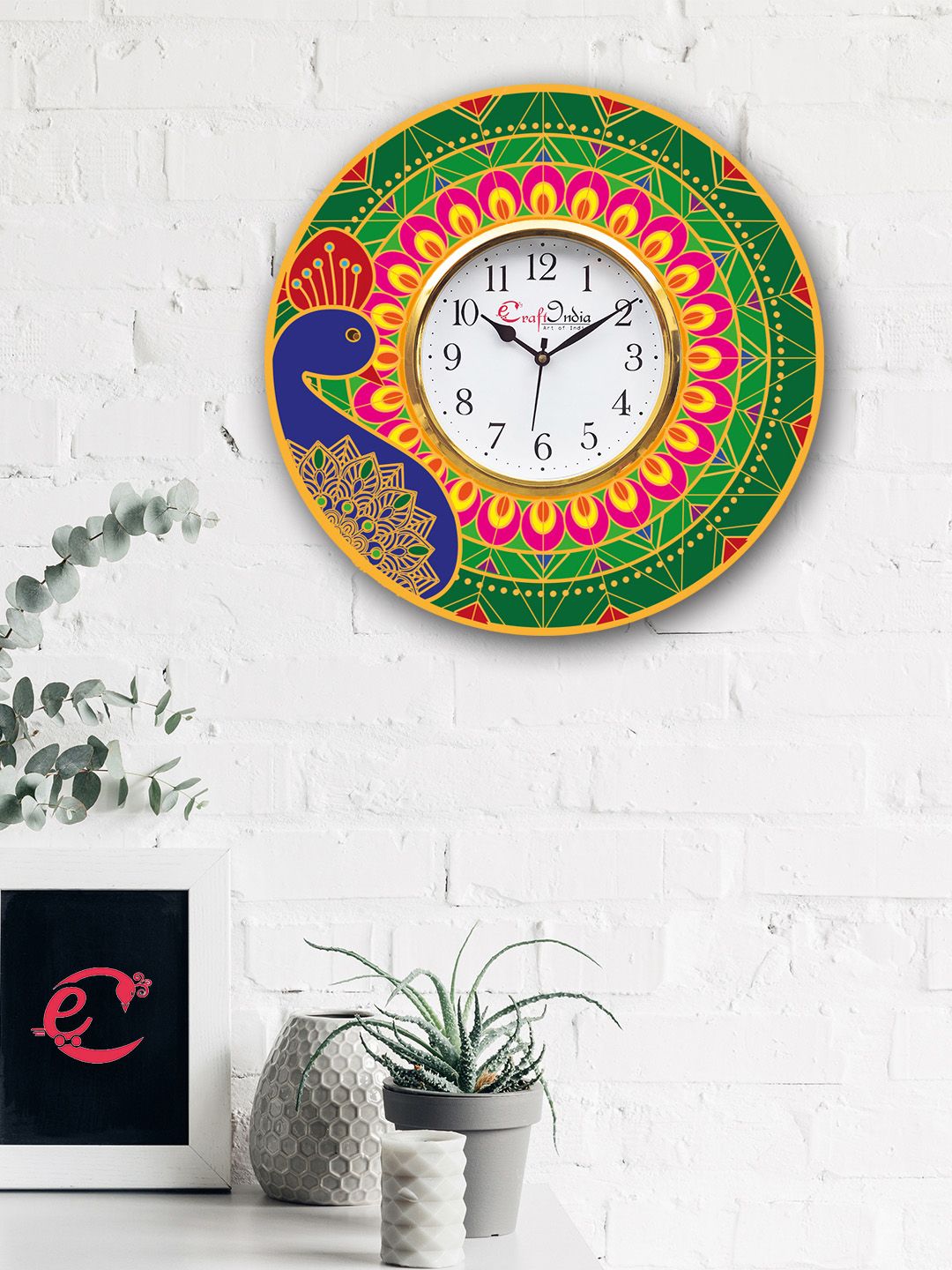 eCraftIndia White & Green Handcrafted Round Printed 30 cm Analogue Wall Clock Price in India