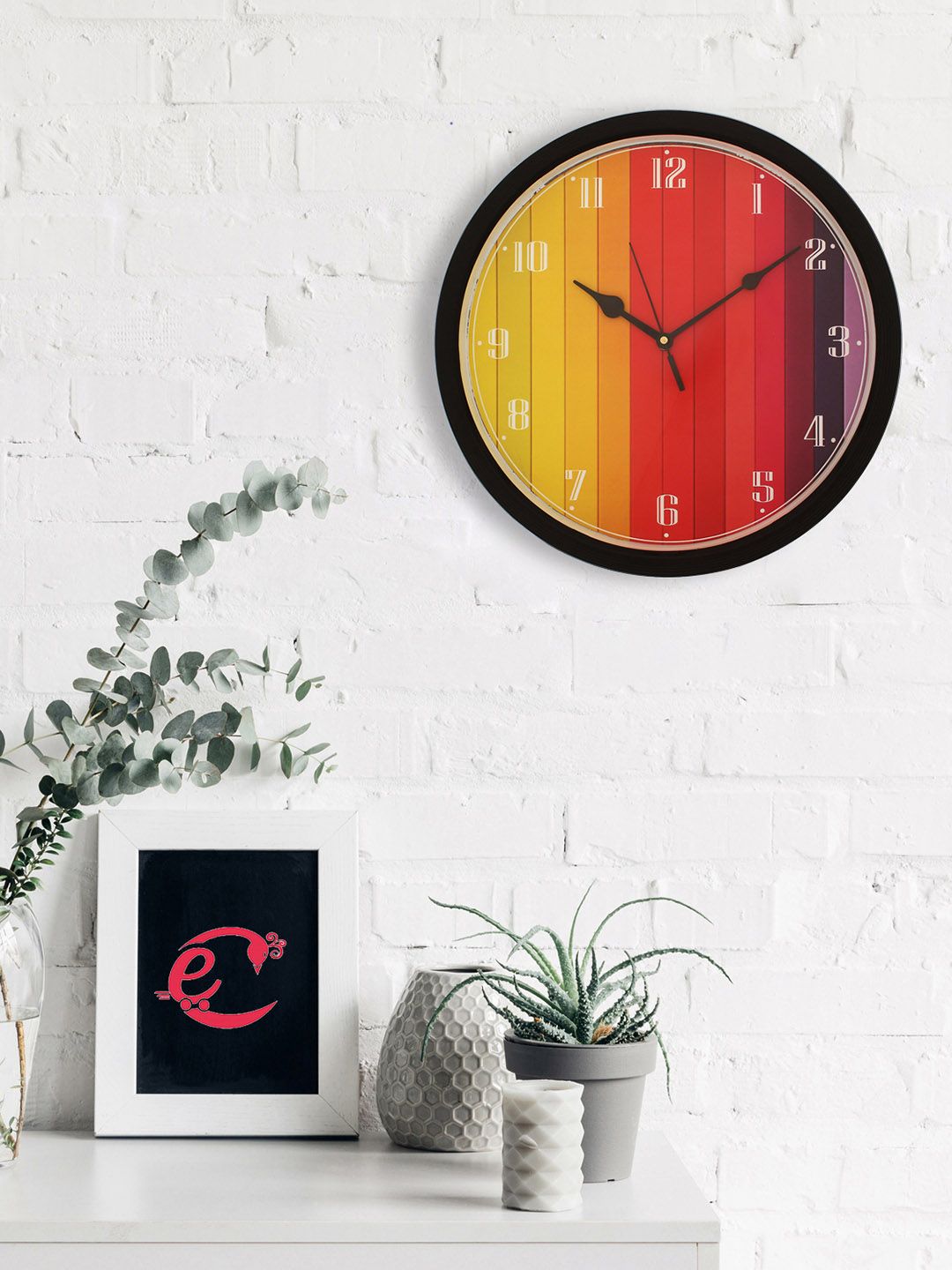 eCraftIndia Yellow & Red Round 31.75cm Printed Analogue Wall Clock Price in India