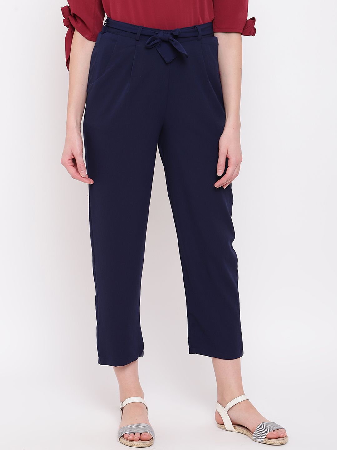 Mayra Women Navy Blue Regular Fit Solid Peg Trousers Price in India