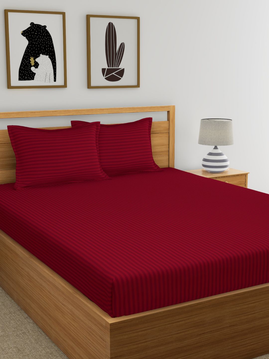 Dreamscape Maroon Striped 220 TC Cotton 1 Queen Bedsheet with 2 Pillow Covers Price in India