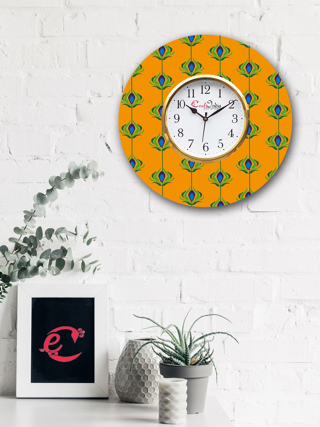 eCraftIndia Orange & White Handcrafted Round Printed 30 cm Analogue Wall Clock Price in India