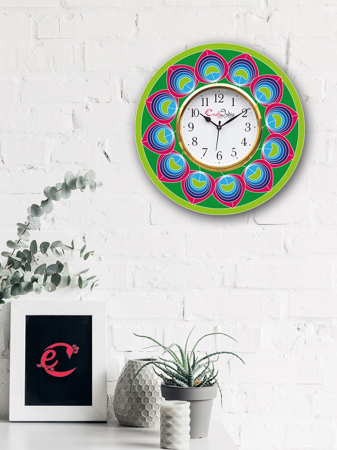 eCraftIndia White & Green Handcrafted Round Printed 30 cm Analogue Wall Clock Price in India