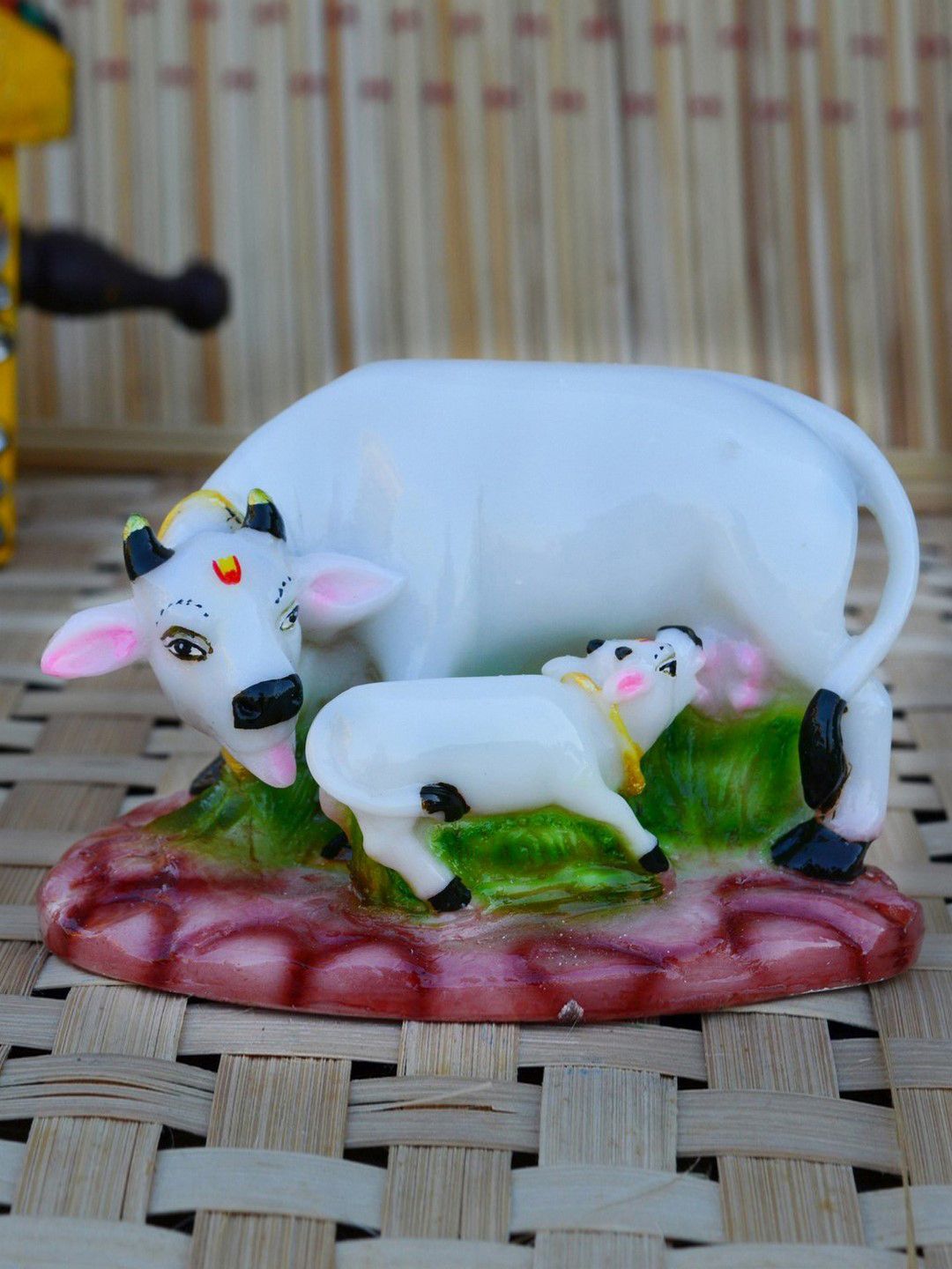 eCraftIndia White & Green Polyresin Cow and Calf Showpiece Price in India