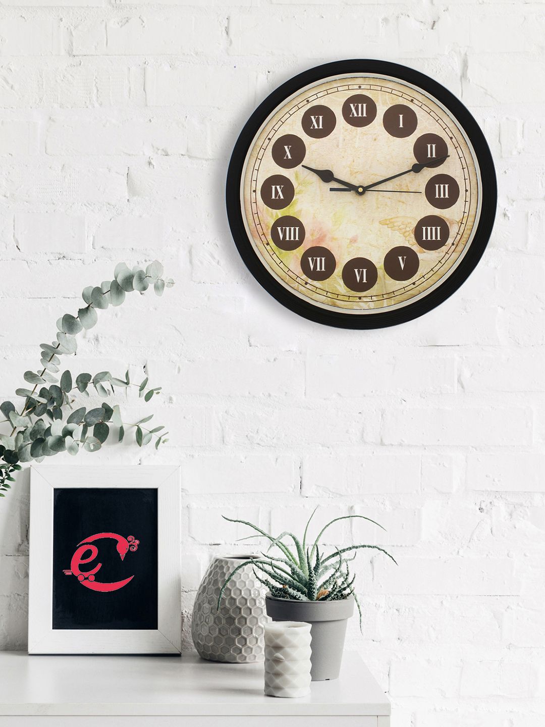eCraftIndia Beige & Brown Round Printed 31 cm Analogue Wall Clock Price in India