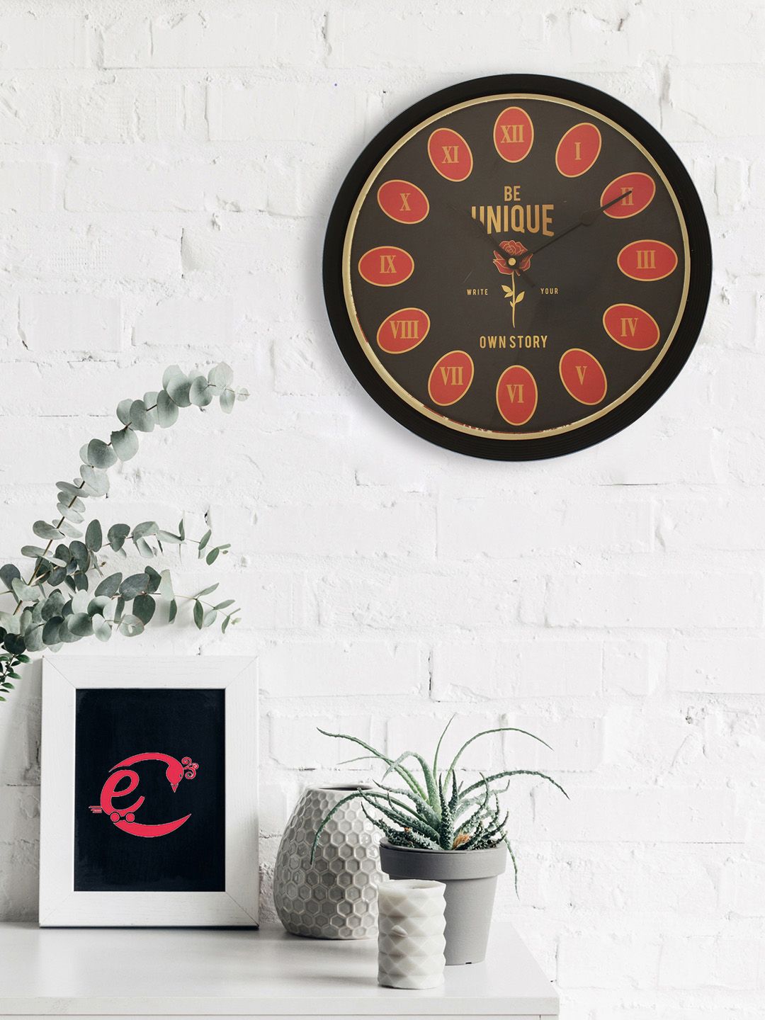 eCraftIndia Black & Red Round Printed 31 cm Analogue Wall Clock Price in India