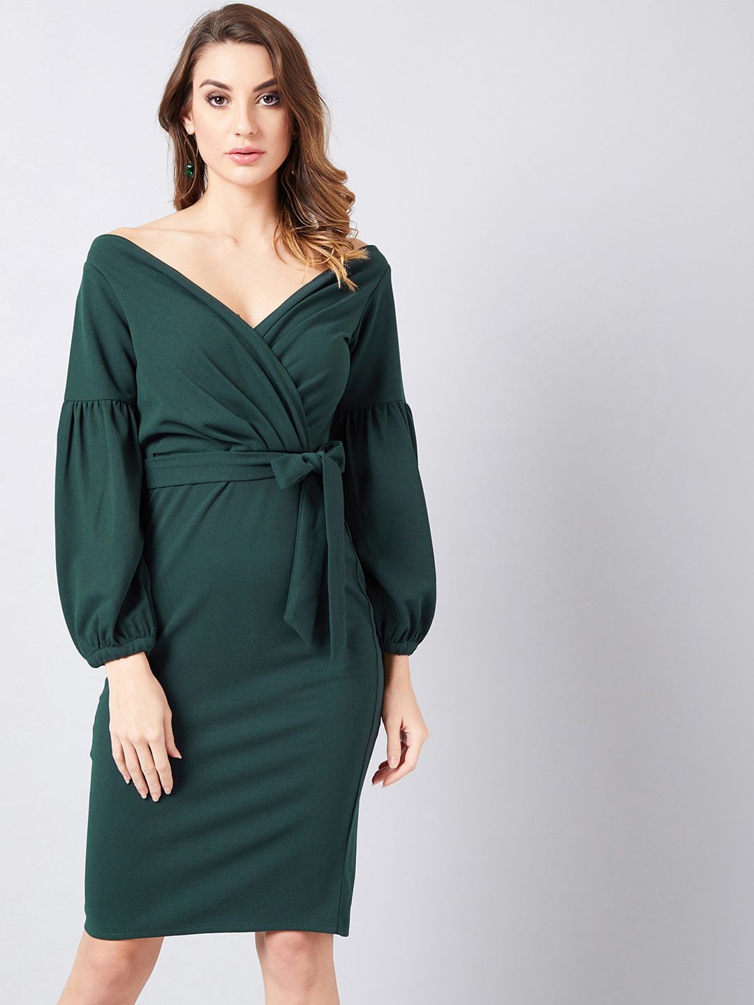 Athena Green Wrap Dress With Puff Sleeves Price in India
