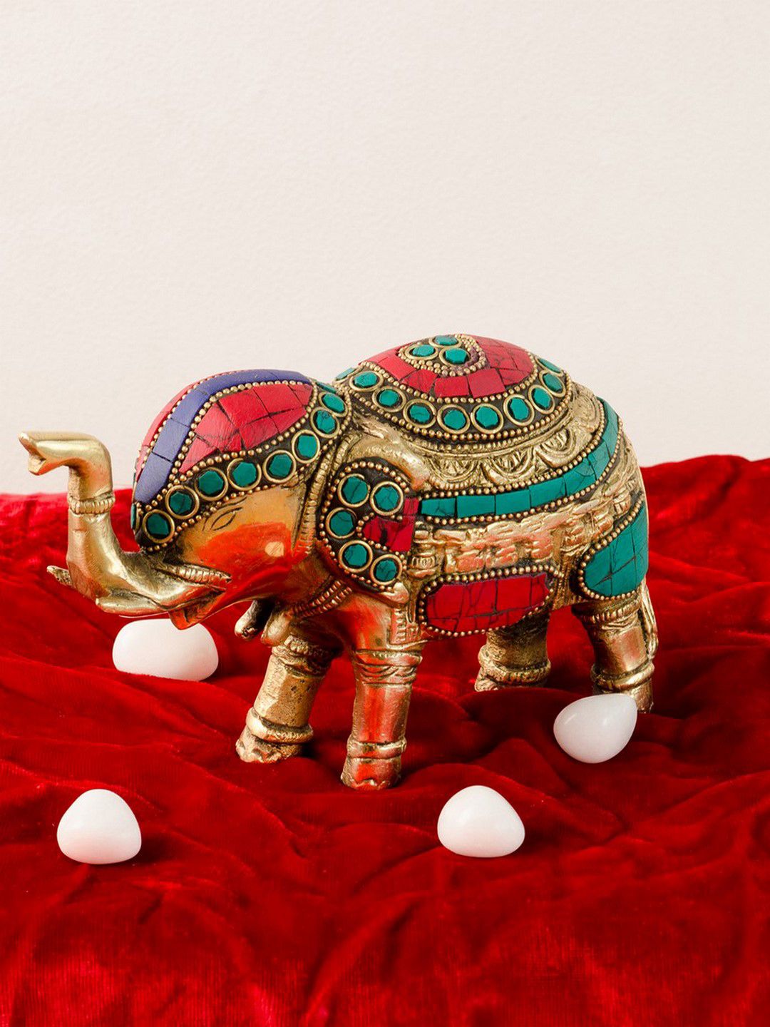 eCraftIndia Gold-Toned & Red Stone Studded Brass Elephant Showpiece Price in India