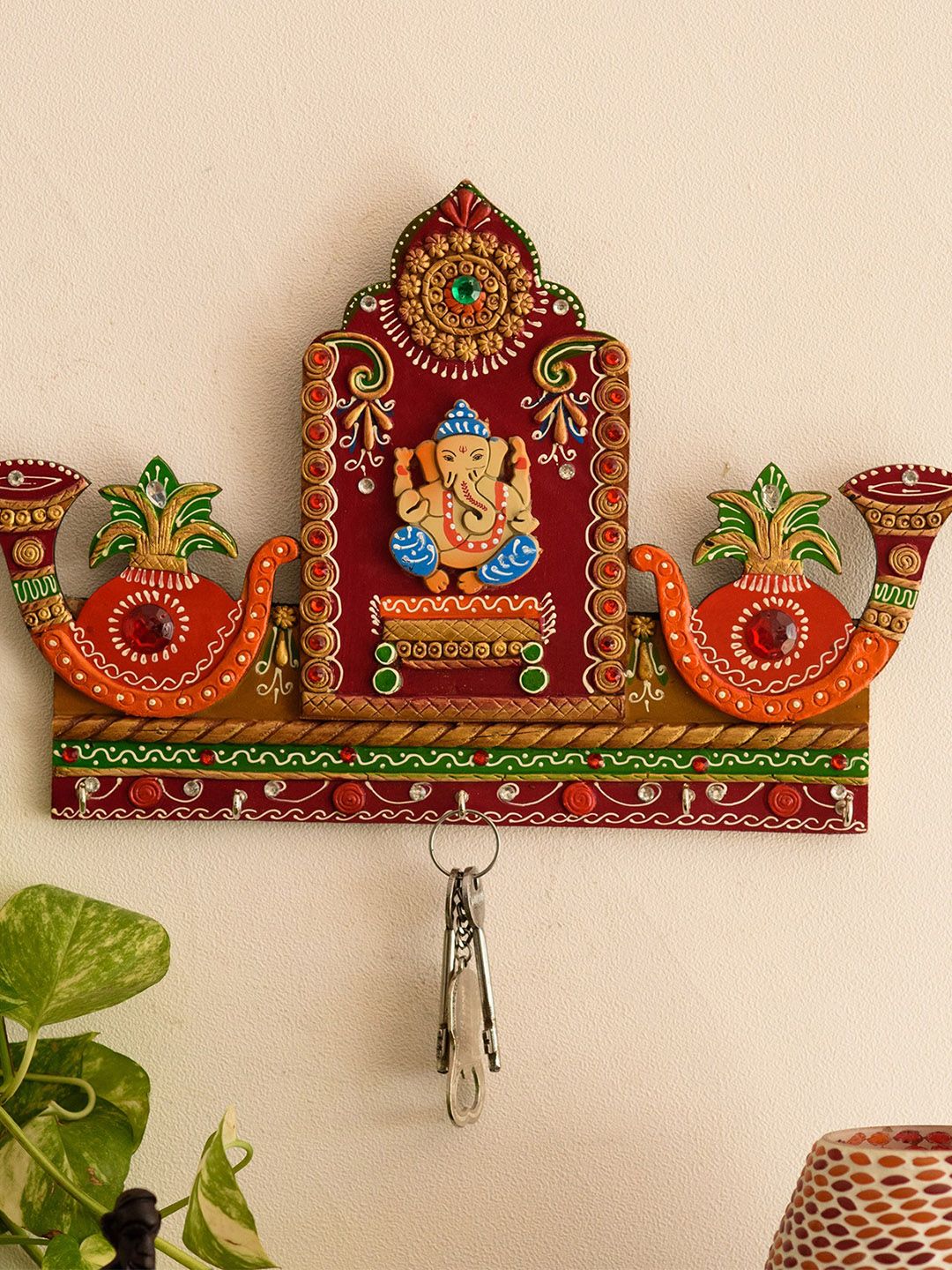 eCraftIndia Gold-Toned & Red Lord Ganesha with Shehnai Key Holder Price in India