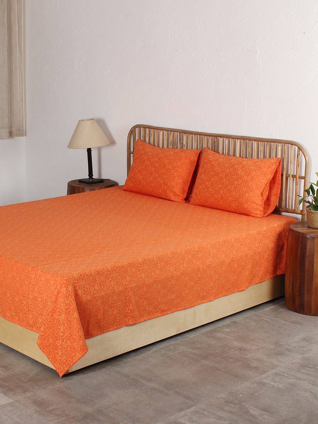 House This Orange Cotton Queen Size Bed Cover With 2 Pillow Covers Price in India