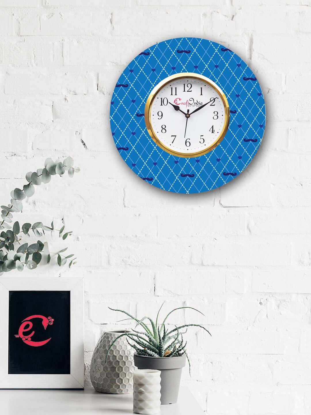 eCraftIndia Blue & White Handcrafted Round Printed Analogue Wall Clock Price in India