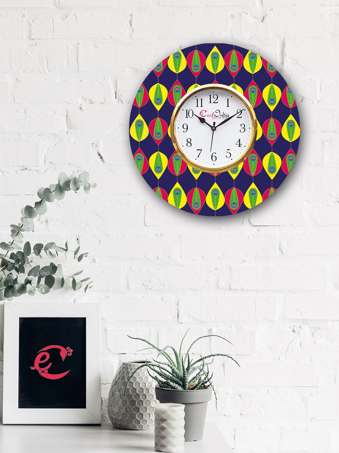 eCraftIndia White & Navy Blue Handcrafted Round Printed 31 cm Analogue Wall Clock Price in India