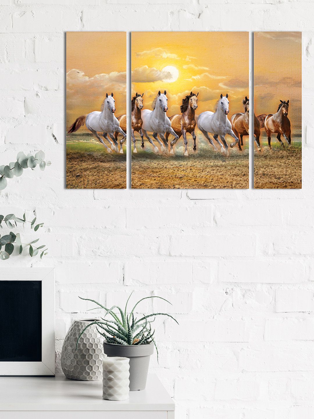 eCraftIndia Set of 7 White & Brown Lucky Running Horses Premium Canvas Sunboard Painting Price in India