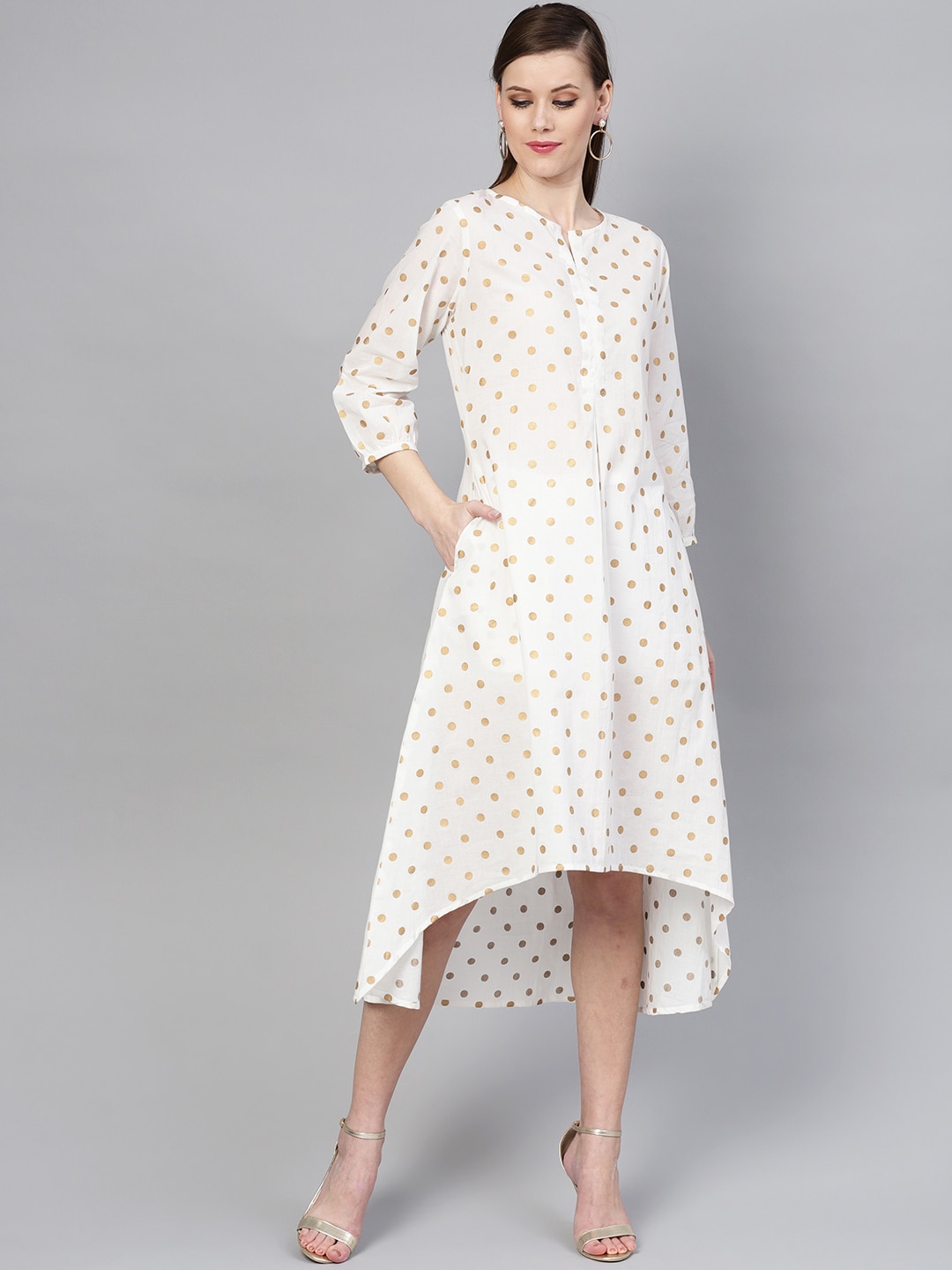 Varanga Women White & Beige Polka Dots Printed A-Line Dress Price in India