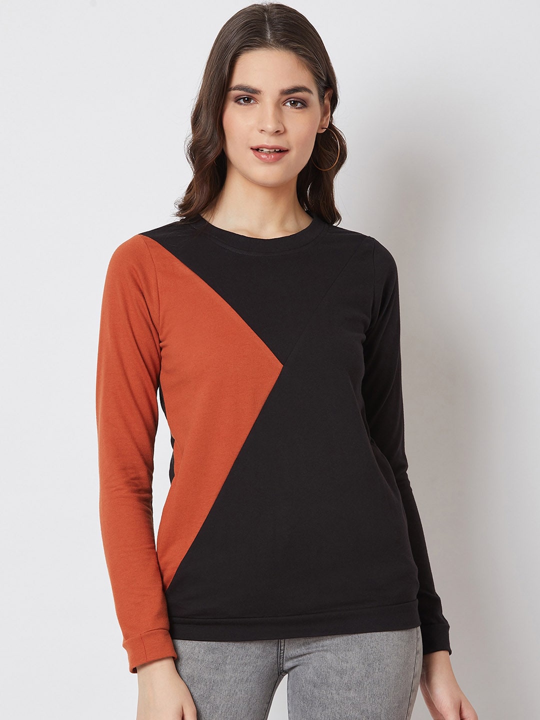 Nun Women Black & Orange Colourblocked Sweatshirt Price in India