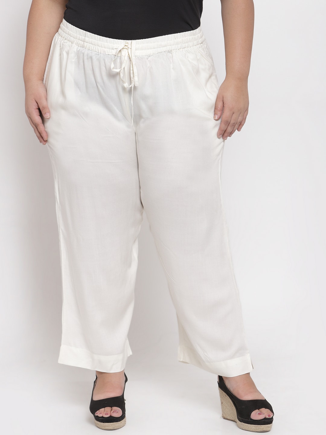 plusS Women White Solid Straight Palazzos Price in India