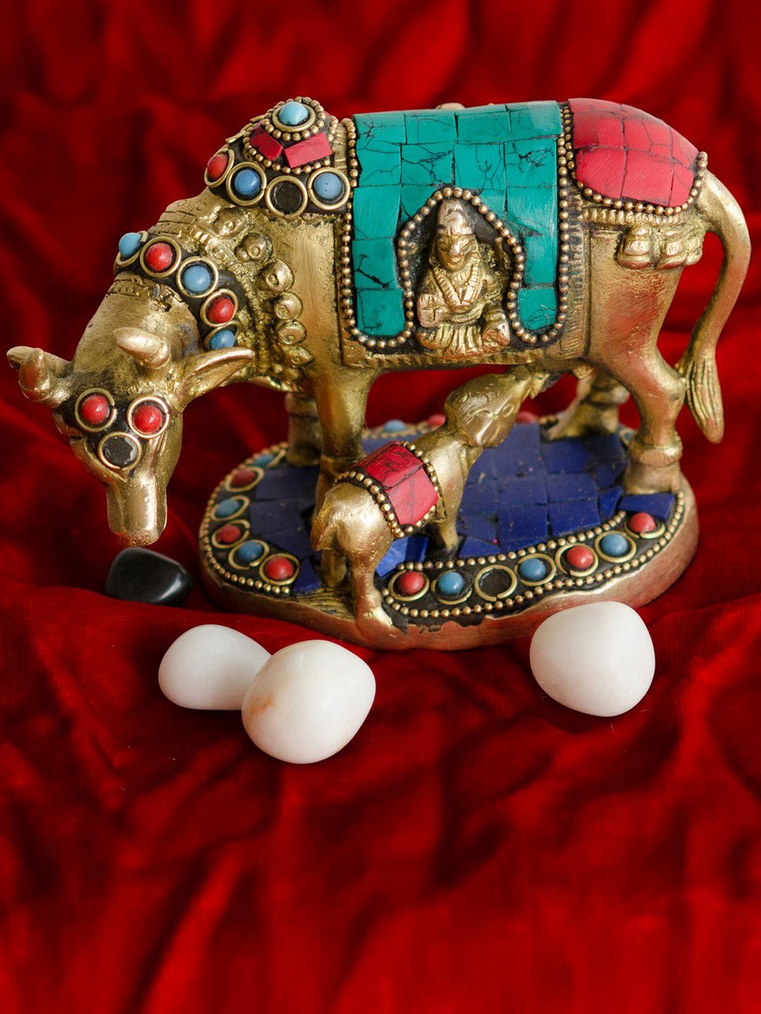 eCraftIndia Gold-Toned & Red Stone Studded Brass Cow and Calf Showpiece Price in India