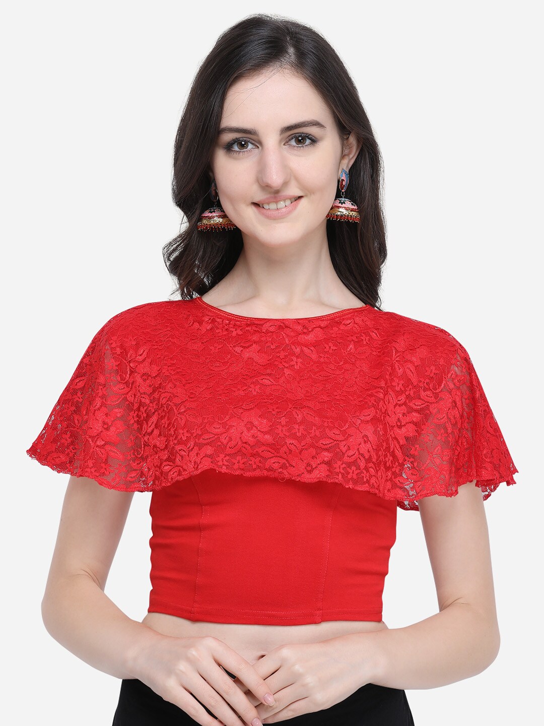 Janasya Women Red Solid Lace Cape Saree Blouse Price in India