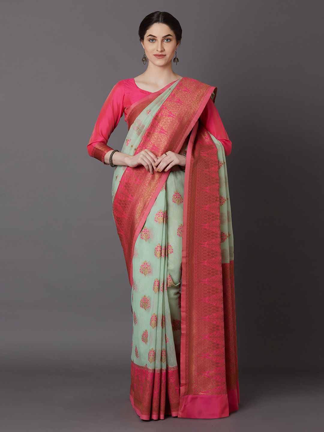 Mitera Sea Green & Pink Silk Blend Woven Design Banarasi Saree Price in India