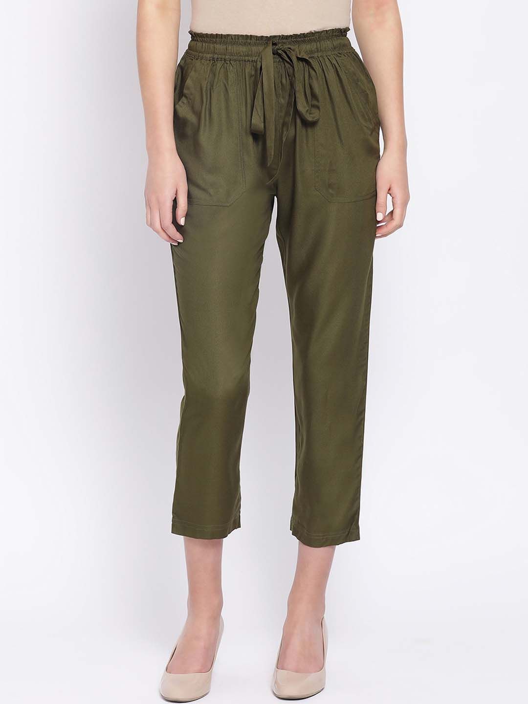 Oxolloxo Women Olive Green Regular Fit Solid Peg Trousers Price in India