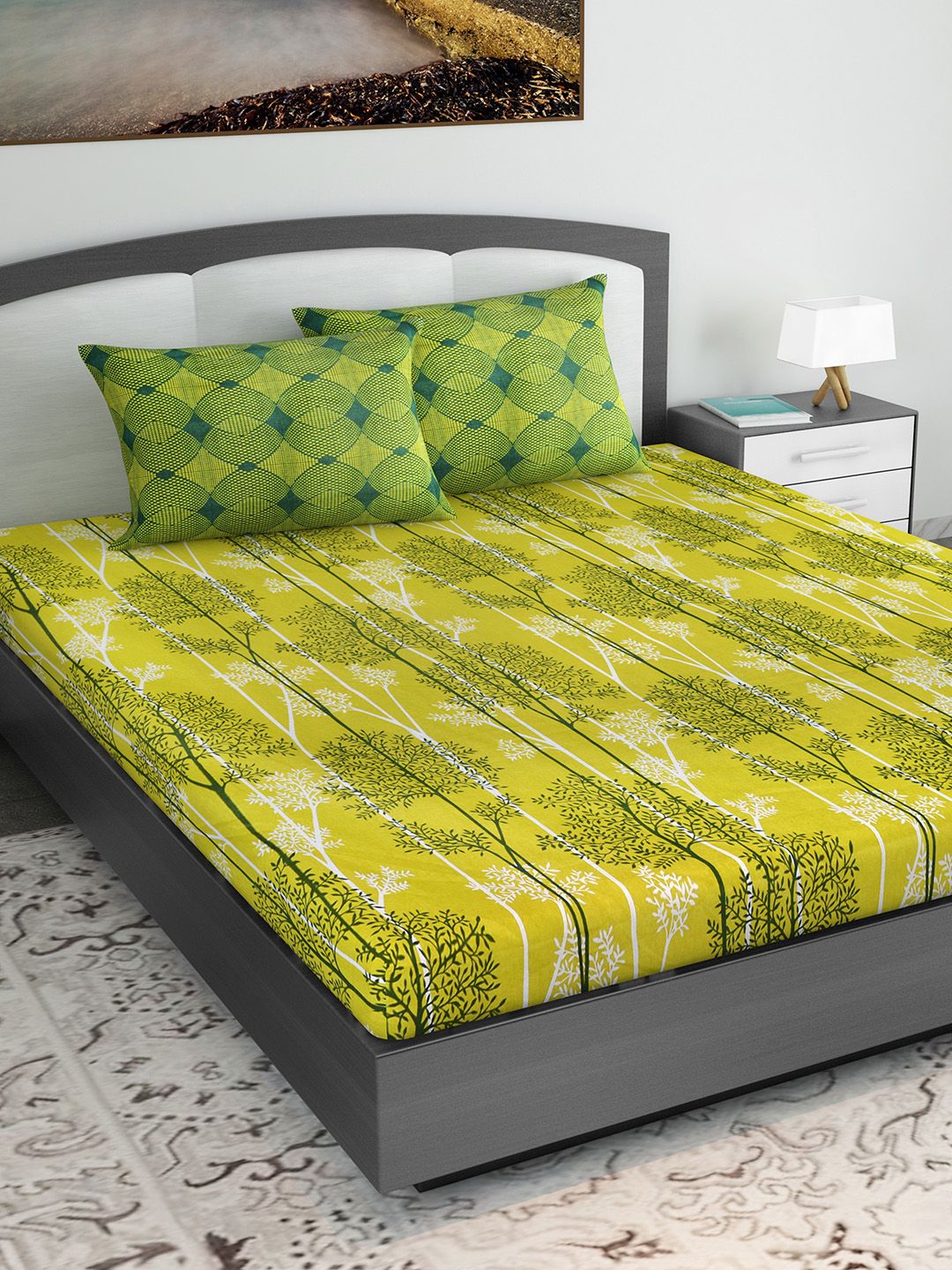 Divine Casa Yellow & Green Floral 144 TC Cotton 1 King Bedsheet with 2 Pillow Covers Price in India