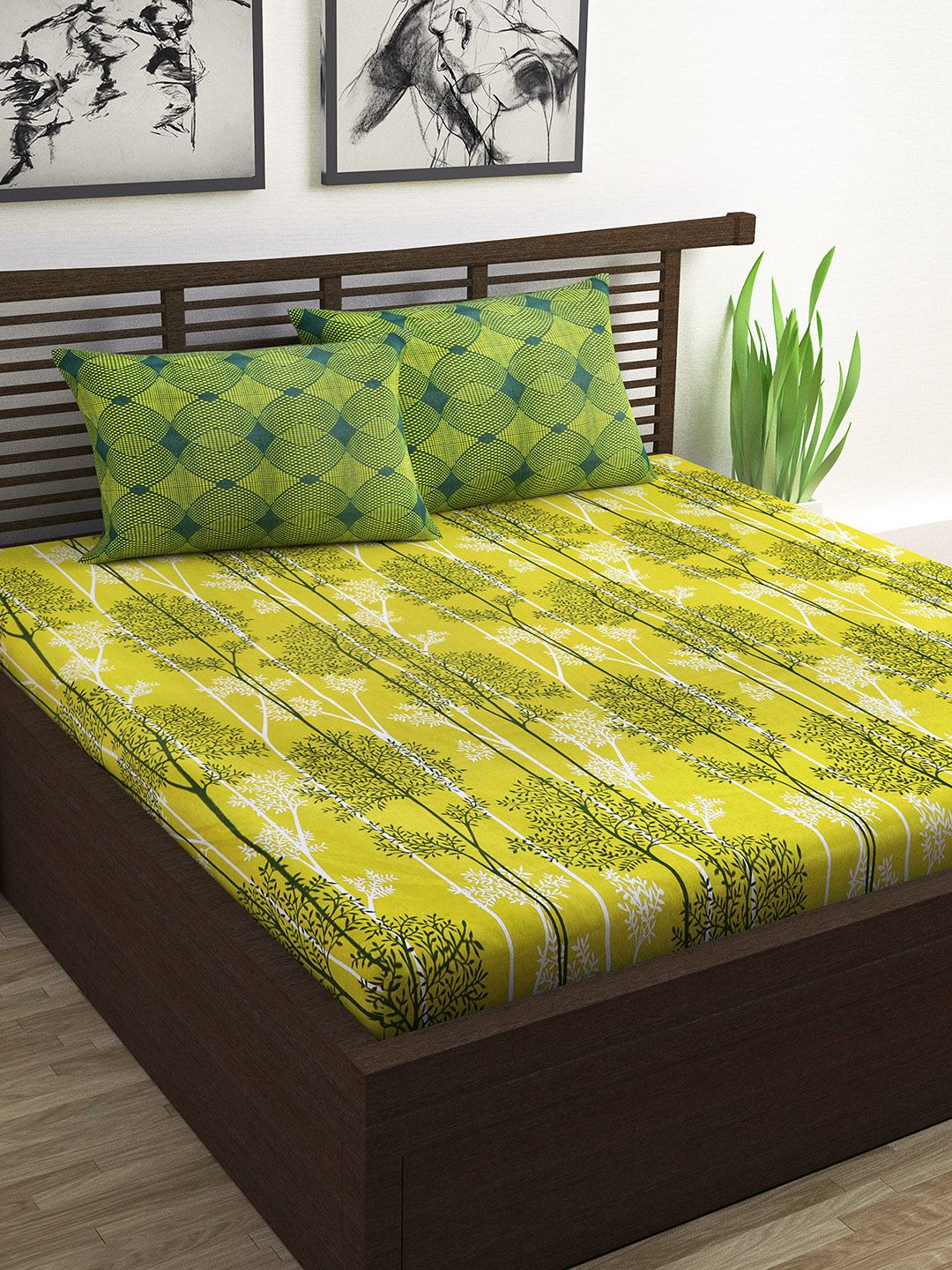 Divine Casa Yellow & Green Floral 144 TC Cotton 1 Queen Bedsheet with 2 Pillow Covers Price in India