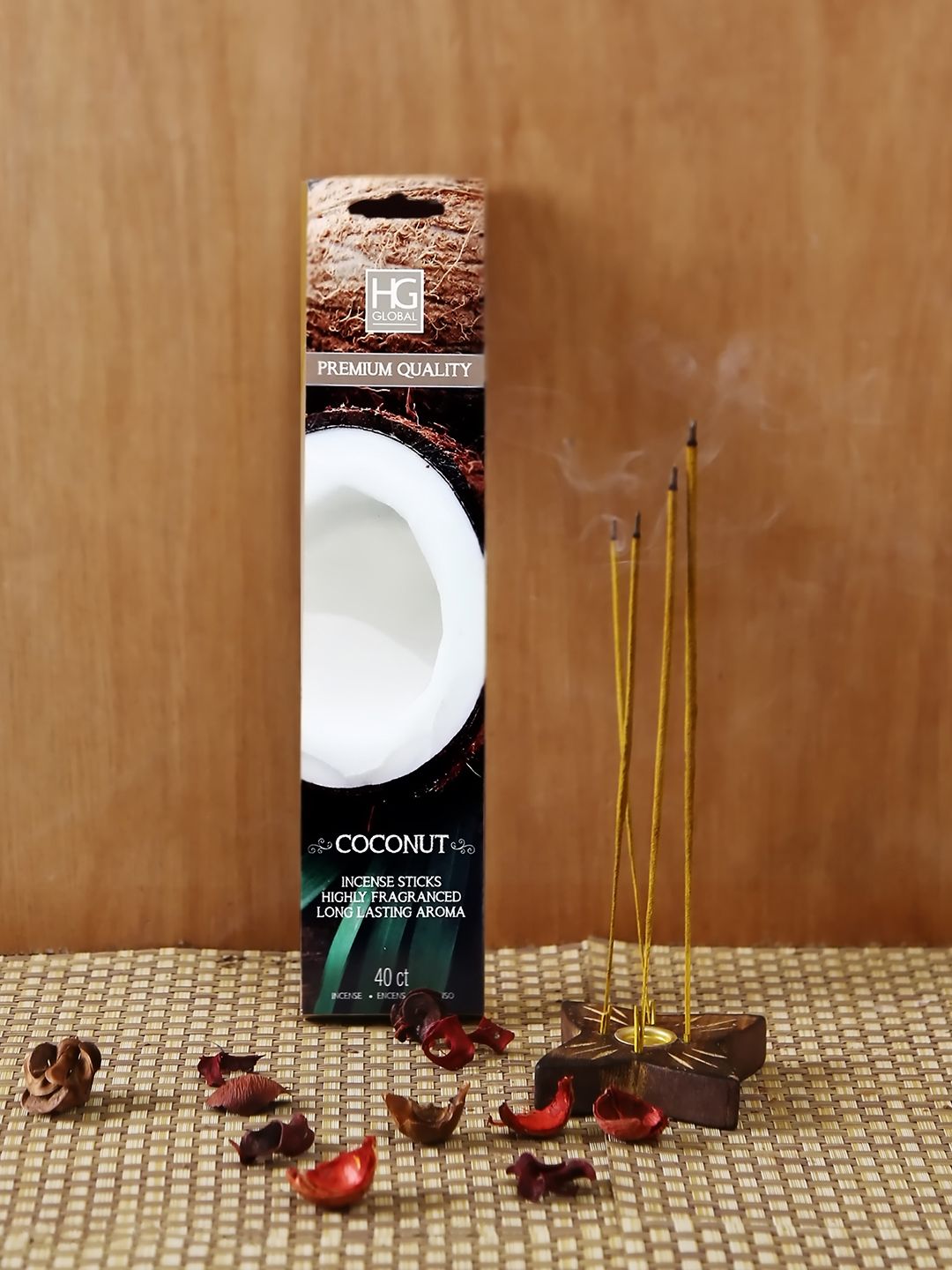 HOSLEY Set of 240 Brown Coconut Scented Incense Sticks with Wooden Holder Price in India
