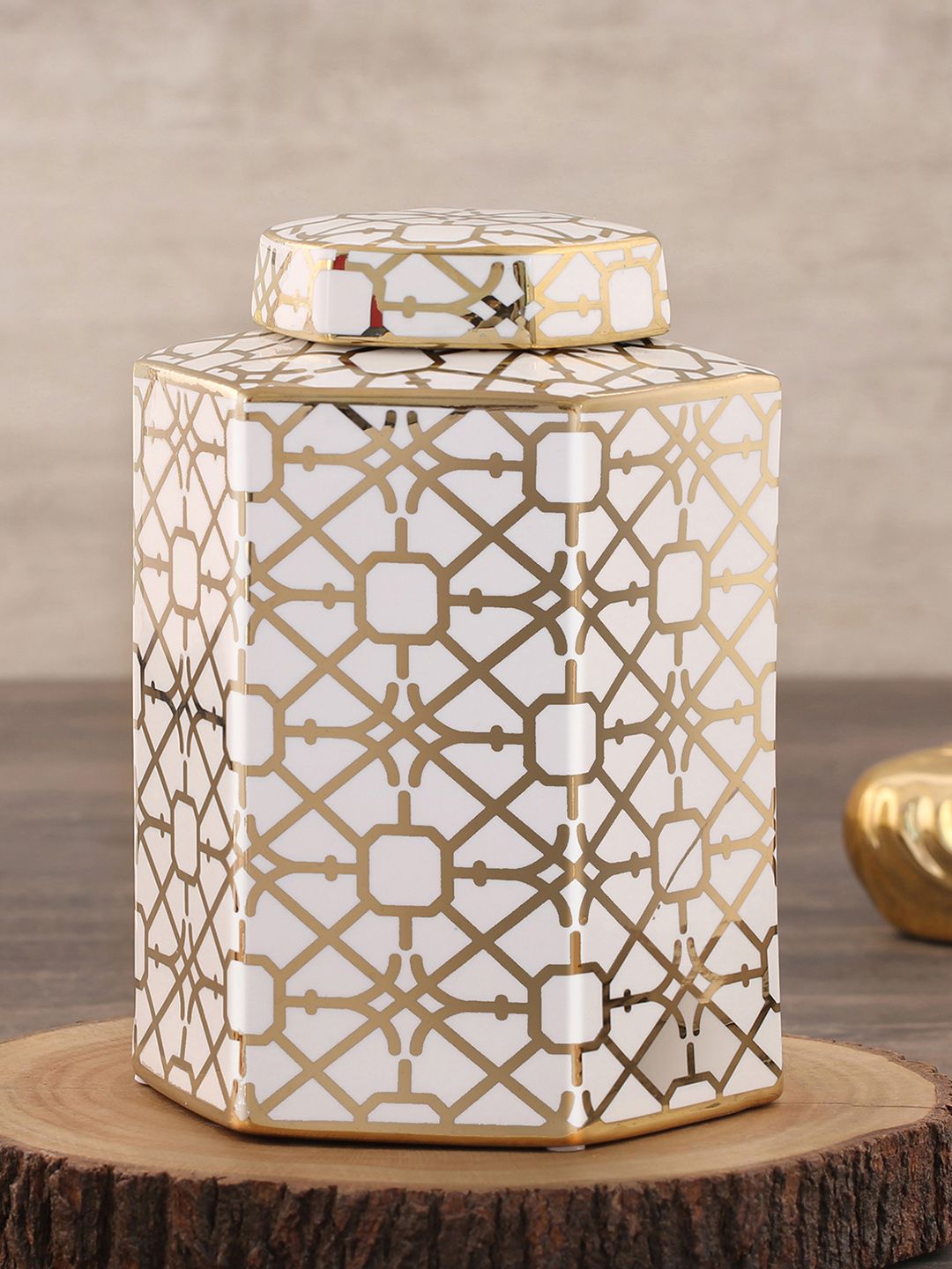 Pure Home and Living Gold-Toned & White Printed Medium Ceramic Jar Price in India