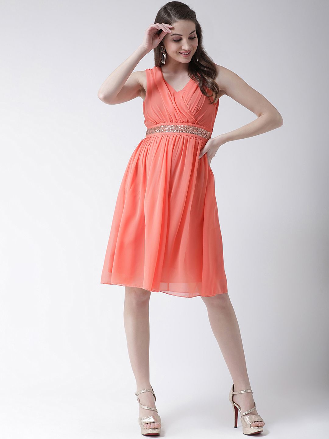 KASSUALLY Women Peach-Coloured Solid Empire Dress Price in India