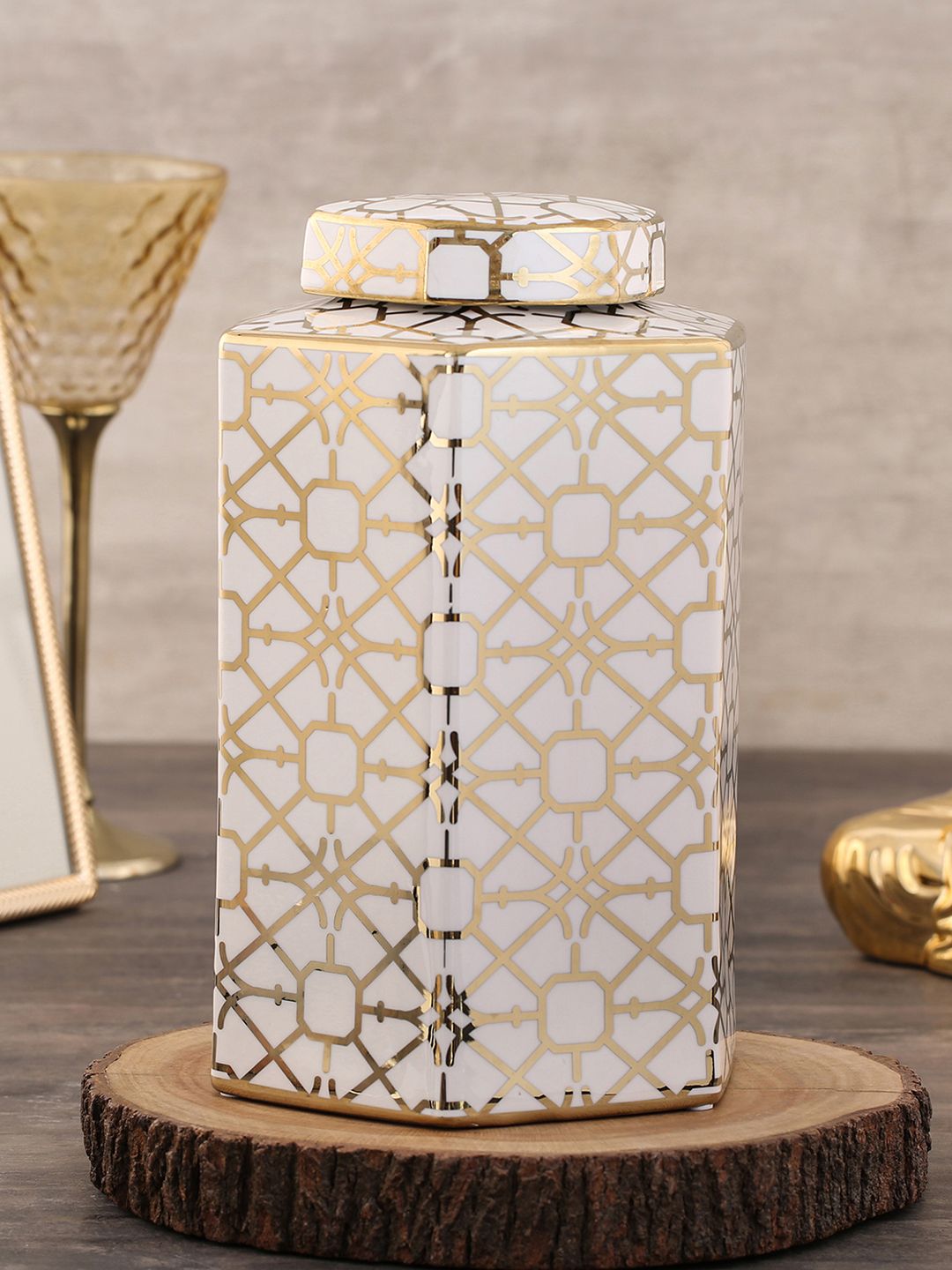 Pure Home and Living Gold-Toned & White Printed Large Ceramic Jar Price in India