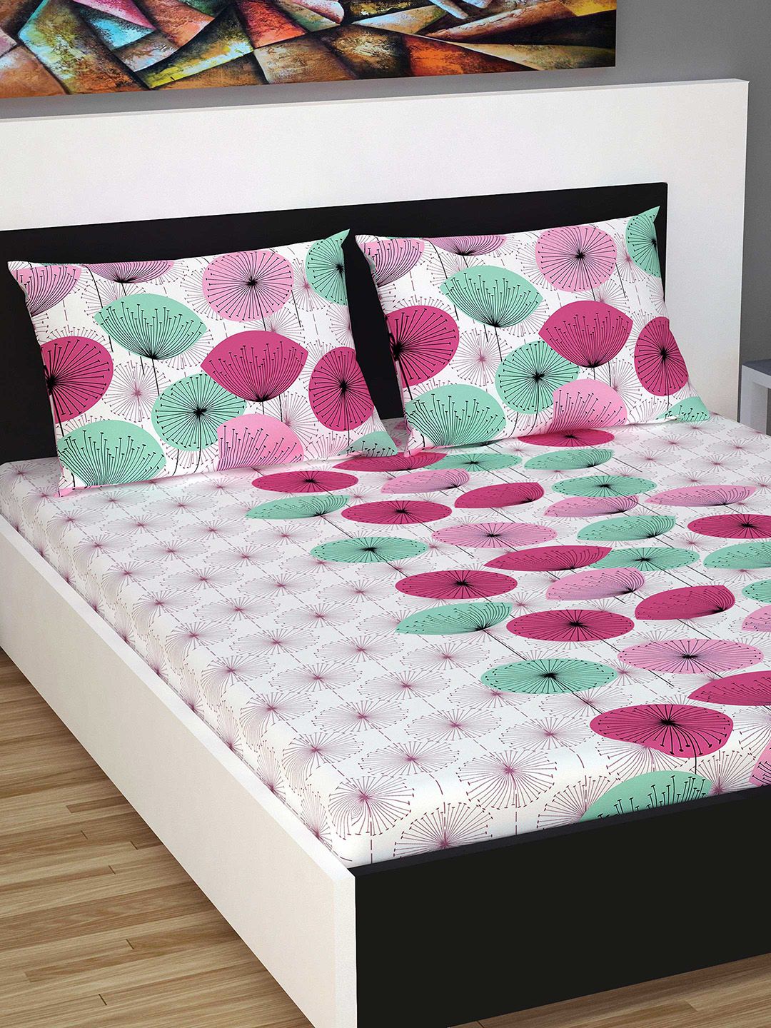 Divine Casa Pink & White Floral 144 TC Cotton 1 Queen Bedsheet with 2 Pillow Covers Price in India