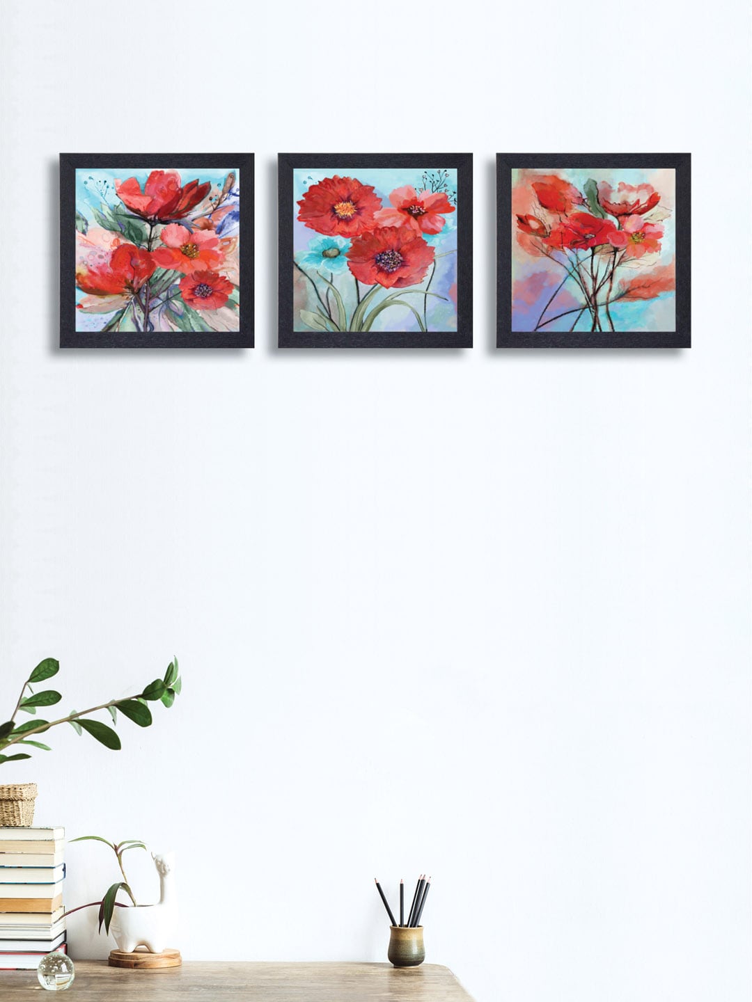 nest ART Set of 3 Red & Blue Textured Frame Floral Wall Art Price in India