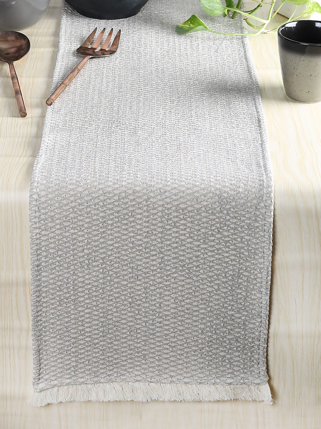 House This Akasam Grey Textured Pure Cotton Table Runner Price in India