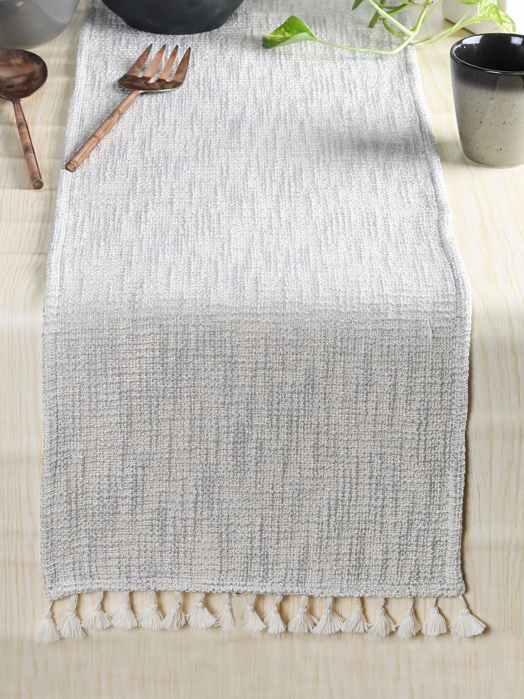 House This Grey Woven-Design Pure Cotton Table Runner Price in India
