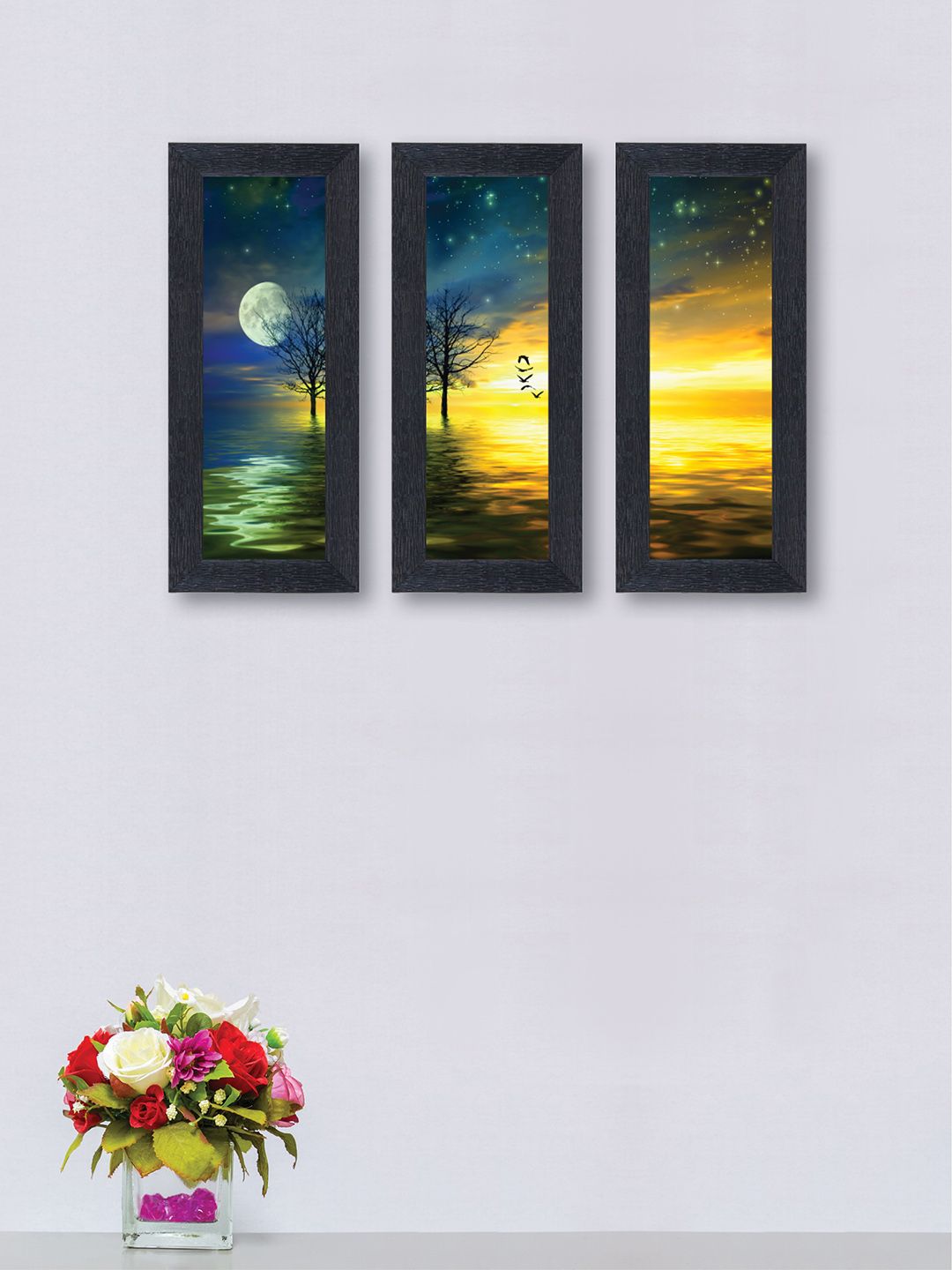 nest ART Set of 3 Blue & Yellow Abstract Synthetic Wood Wall Art Price in India