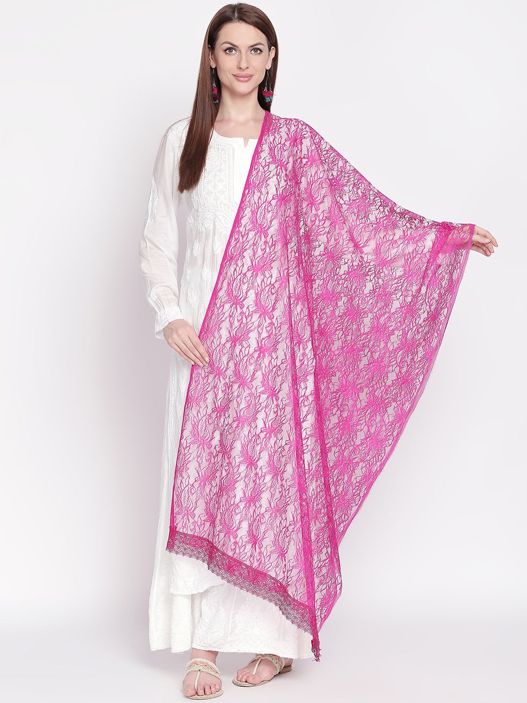 Dupatta Bazaar Pink Self Design Lace Dupatta Price in India