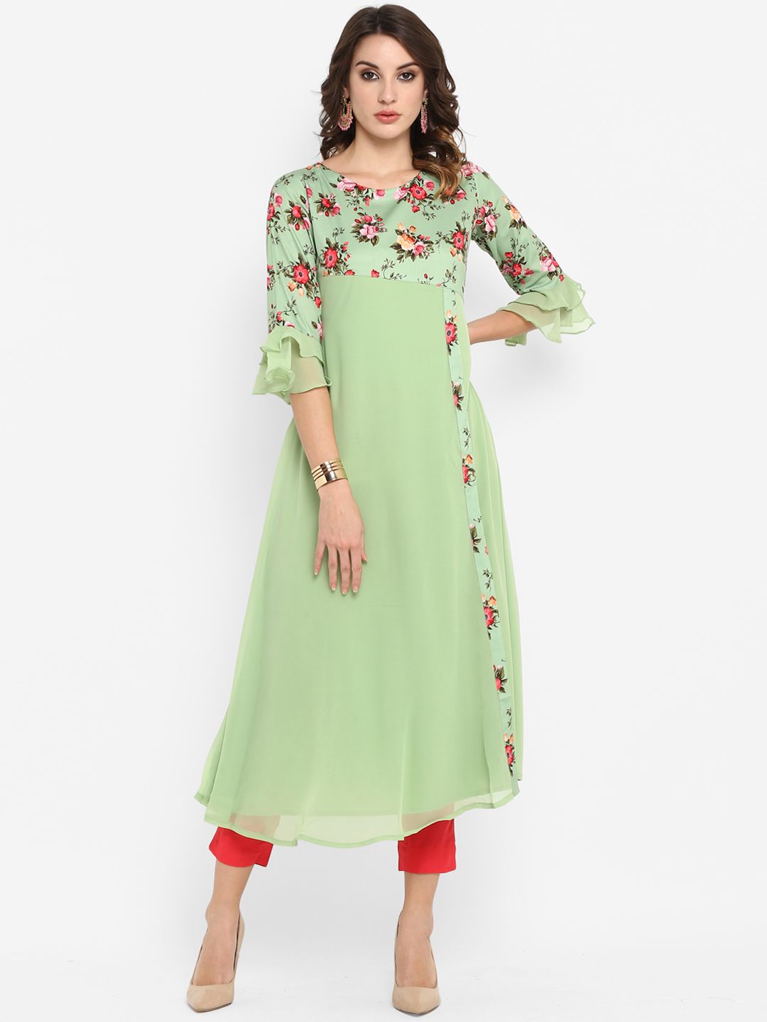 Janasya Women Green & Pink Floral Printed A-Line Kurta